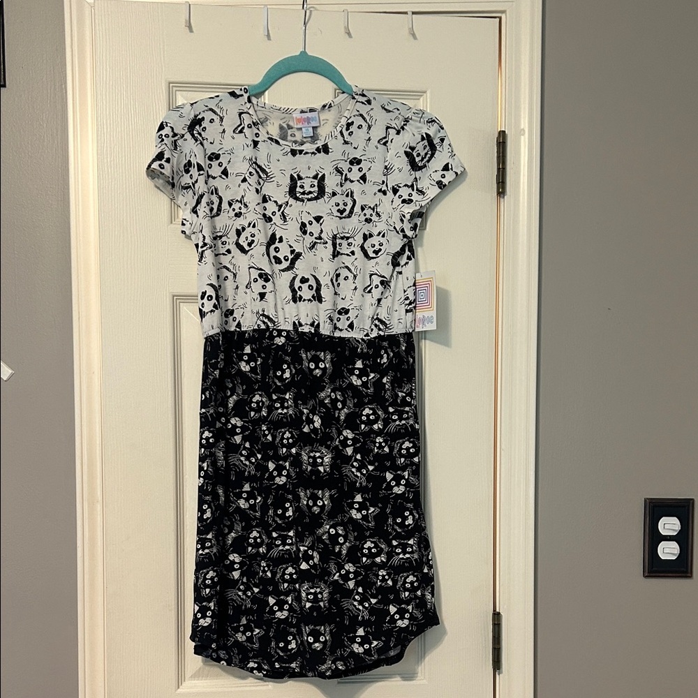LuLaRoe Kids Dress with Black and White Cat Print